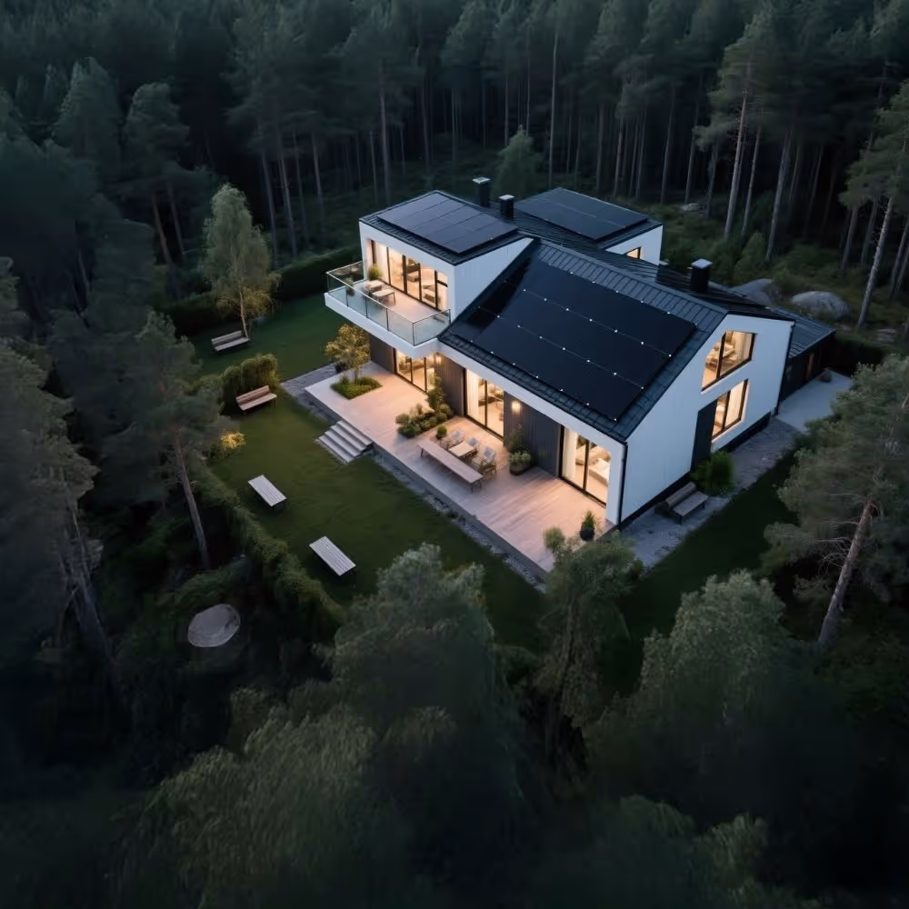 Aerial view of a solar-powered house at dusk